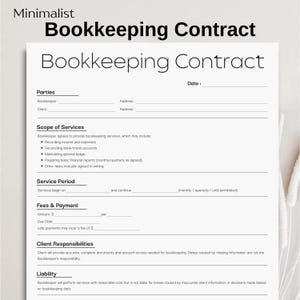 K&ouml;nnte beinhalten: Eine minimalistische Buchhaltungsvertrags-Vorlage mit dem Titel "Bookkeeping Contract" in fetter, serifenloser Schrift. Das Dokument enth&auml;lt Abschnitte f&uuml;r Parteien, Leistungsumfang, Leistungszeitraum, Geb&uuml;hren, Kundenverantwortlichkeiten und Haftung. Der Text ist schwarz auf wei&szlig;em Hintergrund.