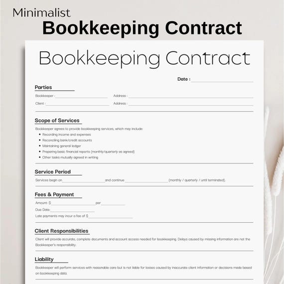 Minimalist Bookkeeping Contract Template, Simple Editable Freelance Bookkeeper, Printable Accounting Services Agreement Instant Download