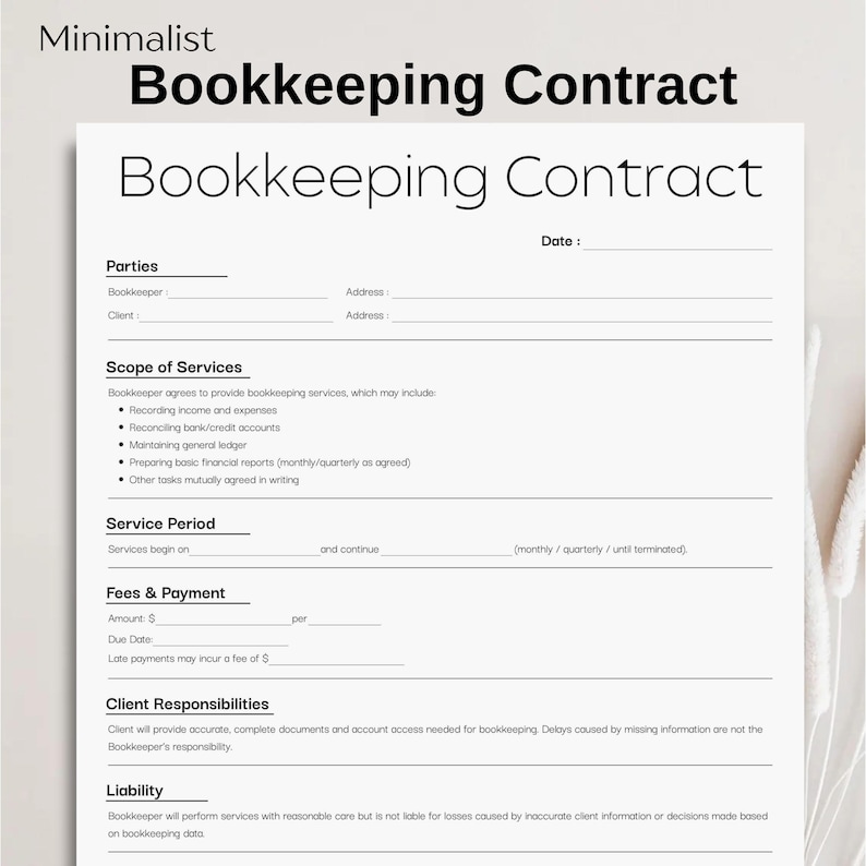 K&ouml;nnte beinhalten: Eine minimalistische Buchhaltungsvertrags-Vorlage mit dem Titel "Bookkeeping Contract" in fetter, serifenloser Schrift. Das Dokument enth&auml;lt Abschnitte f&uuml;r Parteien, Leistungsumfang, Leistungszeitraum, Geb&uuml;hren, Kundenverantwortlichkeiten und Haftung. Der Text ist schwarz auf wei&szlig;em Hintergrund.