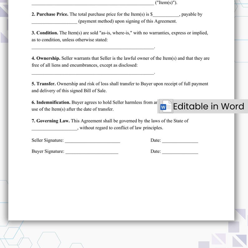 General Contract Example Editable General Bill of Sale Template, Printable Customizable Bill of ...