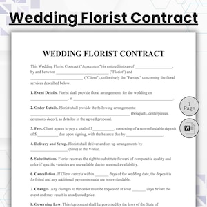 Könnte beinhalten: Ein weißes Dokument mit dem Titel Wedding Florist Contract in schwarzer Schrift. Das Formular enthält Abschnitte für Veranstaltungsdetails, Bestelldetails, Gebühren, Lieferung, Aufbau, Ersatz, Stornierung und geltendes Recht, mit einem 1-Seiten-Symbol.