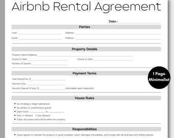 Contrat de location Airbnb minimaliste, modèle simple de location à court terme, location de vacances imprimable et modifiable, bail Airbnb, contrat d'invité