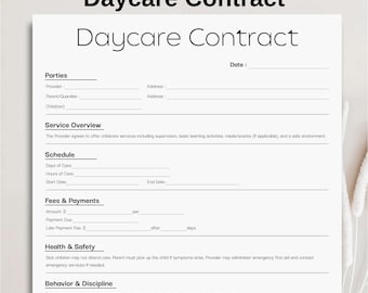 May include: A minimalist daycare contract template with the title "Daycare Contract" in a bold, sans-serif font. The document includes sections for parties, service overview, schedule, fees, health and safety, behavior, and termination. The text is black on a white background.