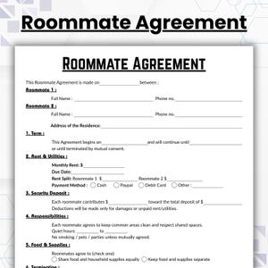 Op de afbeelding: Een Roommate Agreement-formulier, gedrukt op wit papier, met zwarte tekst. De titel "Roommate Agreement" staat prominent bovenaan. Het formulier bevat secties voor informatie over huisgenoten, huur, nutsvoorzieningen, borg en verantwoordelijkheden.