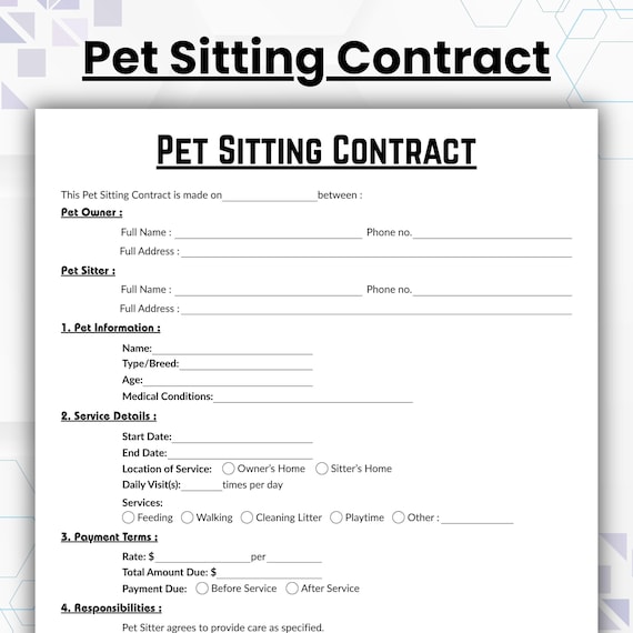 Editable Pet Sitting Contract Template, Single Page Dog Sitting Form, Printable Puppy Boarding Waiver, Dog Walker Form, Cat Boarding