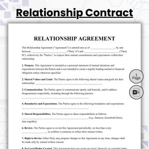 Pode incluir: Um documento de contrato de relacionamento intitulado Relationship Agreement com seções numeradas para propósito, valores compartilhados, comunicação, limites, responsabilidades, revisão e modificação. Inclui um ícone de 1 página e um ícone de documento Word.