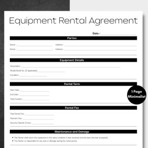 Minimalist Equipment Rental Agreement Black, Simple Event Equipment Contract, Canva Editable Lease Equipment form, Printable Rental Form