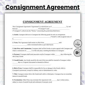 May include: A printed Consignment Agreement document featuring eight numbered sections including Goods, Term, Sale Price and Commission, Payment, Unsold Goods, Risk of Loss, Title, and Termination. A circular icon indicates 1 Page and a Word document.