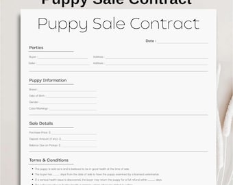 Minimalist Puppy Sales Agreement Template, Simple Dog Sale Contract, Editable Puppy Deposit Contract, Printable Puppy Purchase Agreement