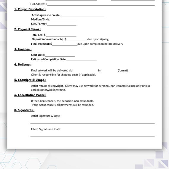 Editable Artist Commission Contract Template, Single Page Artwork Contract Form, Printable Agreement for Art Commissions Form, Instant Canva