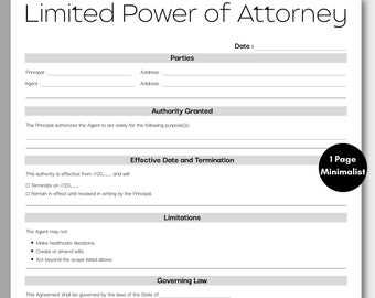 Simple Limited Power of Attorney, One Page Standard POA, Printable ...