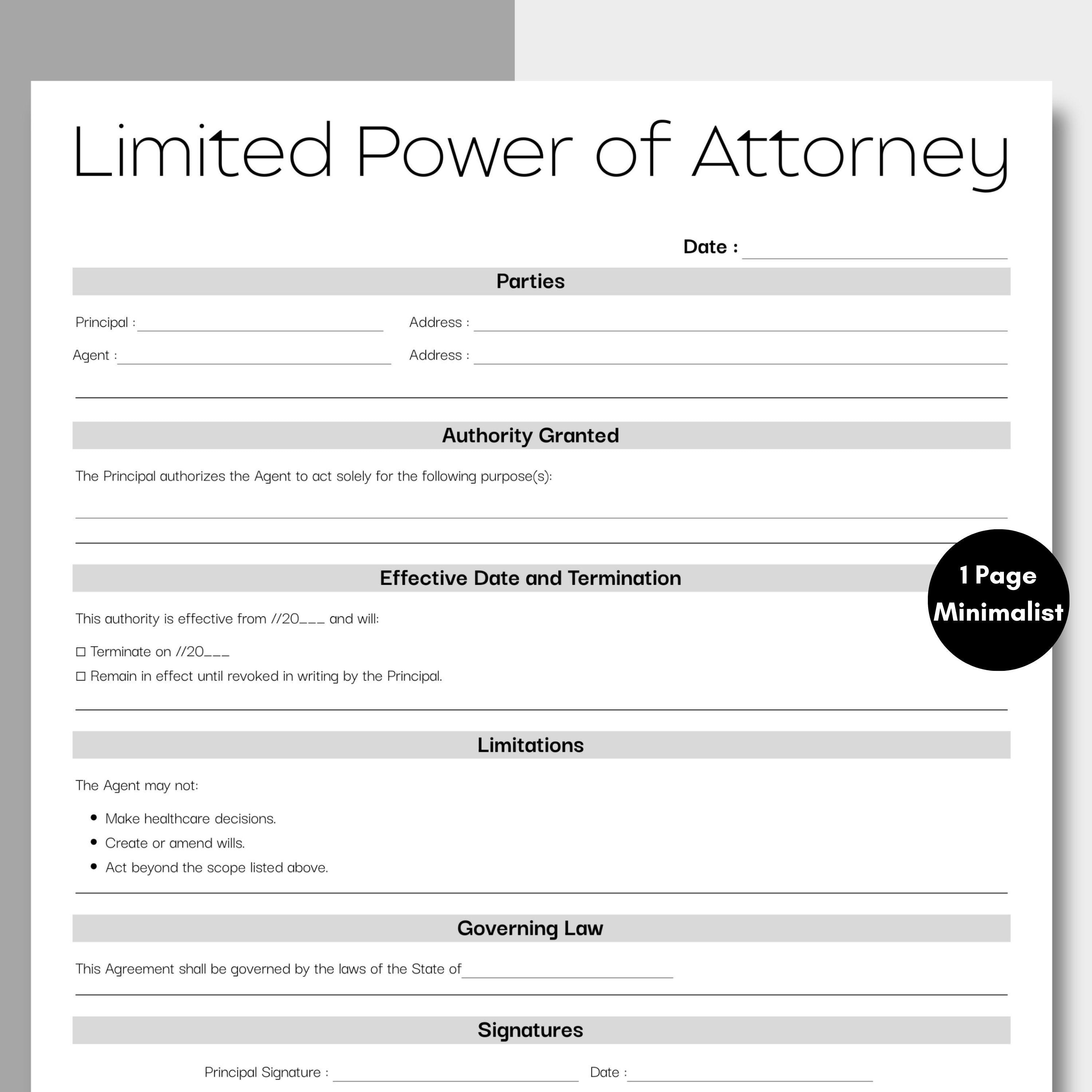 Minimalist Limited Power of Attorney, Simple POA Form, Printable ...