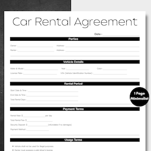 Minimalistisch autoverhuurcontract Zwart, eenvoudige autoverhuurovereenkomst, afdrukbaar voertuigleaseformulier, bewerkbare sjabloon autoverhuurovereenkomst