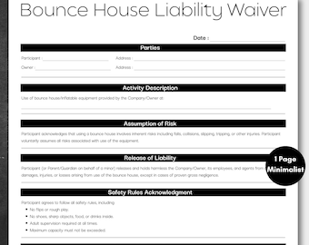 Minimalist Bounce House Liability Waiver Black, Simple Editable Business Waiver, Printable Bounce House Liability Template Instant Download
