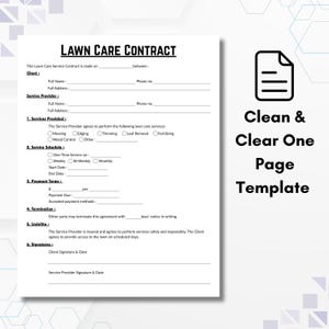 Pu&ograve; includere: Un modello di contratto di cura del prato stampabile in bianco e nero. Il contratto include sezioni per le informazioni del cliente, i servizi forniti, il programma dei servizi, i termini di pagamento, la risoluzione, la responsabilit&agrave; e le firme.