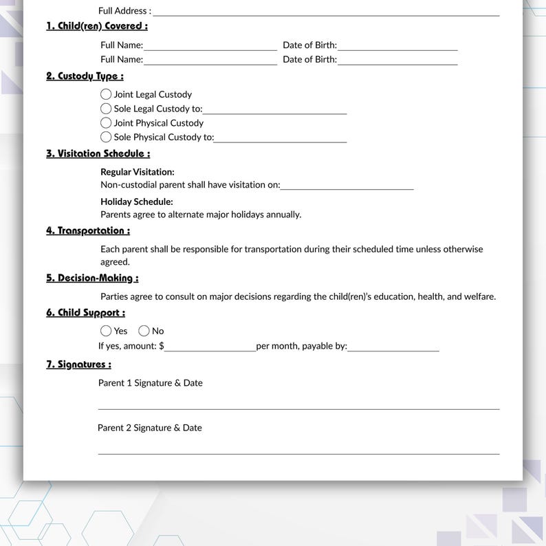 Editable Child Custody Agreement, Simple 50/50 Joint Custody Agreement