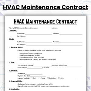 Könnte beinhalten: HVAC-Wartungsvertragsdokument mit dem Titel "HVAC MAINTENANCE CONTRACT" in fetter schwarzer Schrift. Das Dokument enthält Abschnitte für Auftragnehmer- und Kundeninformationen, Leistungsumfang, Laufzeit, Zahlung, Verantwortlichkeiten und Kündigung.