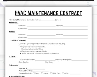 Contrato de manutenção de HVAC editável, modelo simples de contrato de serviço de aquecimento e resfriamento, contrato de ar condicionado para impressão, download instantâneo