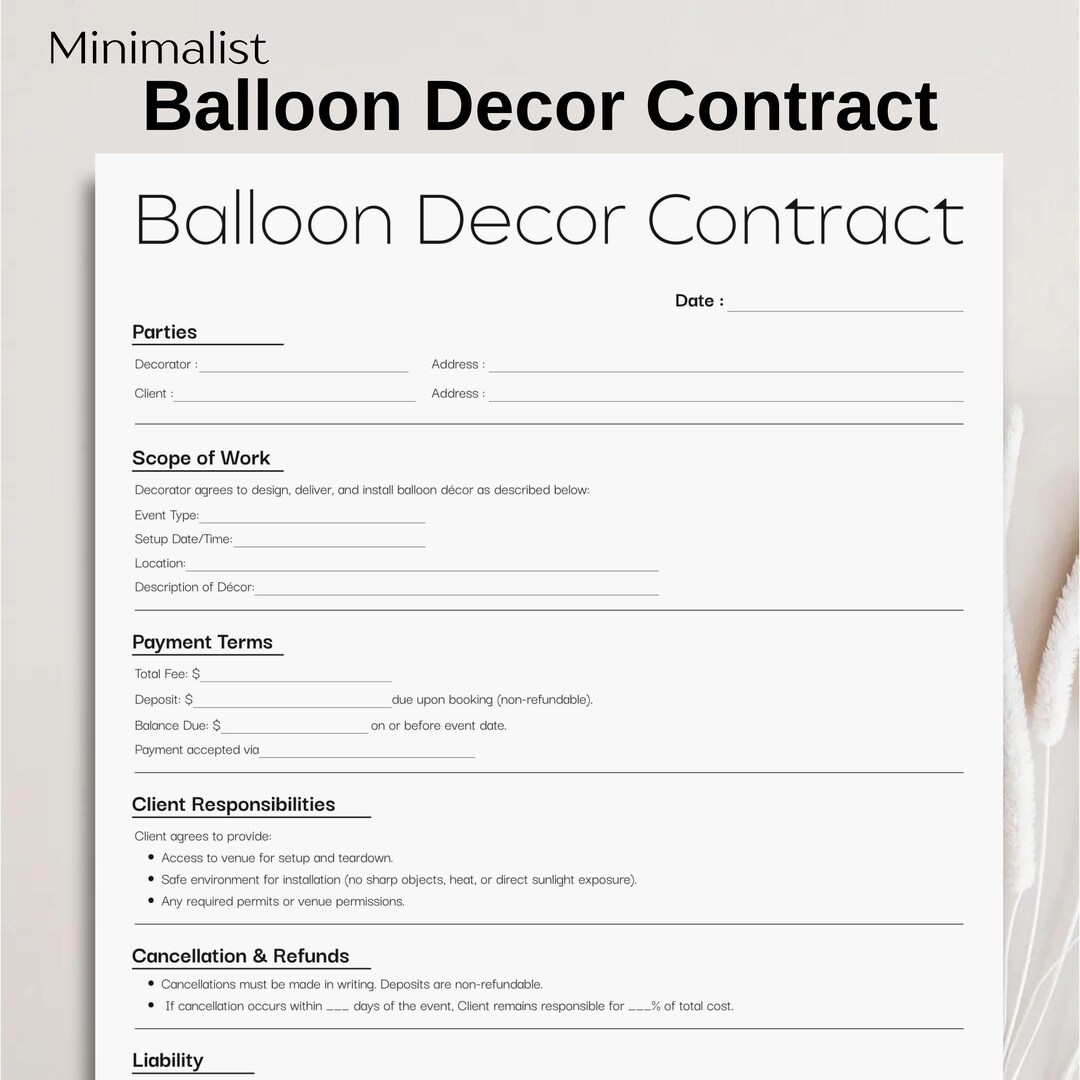 Minimalist Balloon Decor Contract Template, Simple Balloon Decoration ...