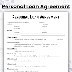 Bewerkbare sjabloon persoonlijke leningovereenkomst, leningcontractformulier met één pagina, afdrukbaar promesse, digitale lening, lenersovereenkomst