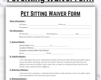 Formulario de exención de responsabilidad para el cuidado de mascotas editable, plantilla simple de formulario de autorización para el cuidado de mascotas, formulario imprimible de paseo de perros, alojamiento y exención para el cuidado de mascotas.