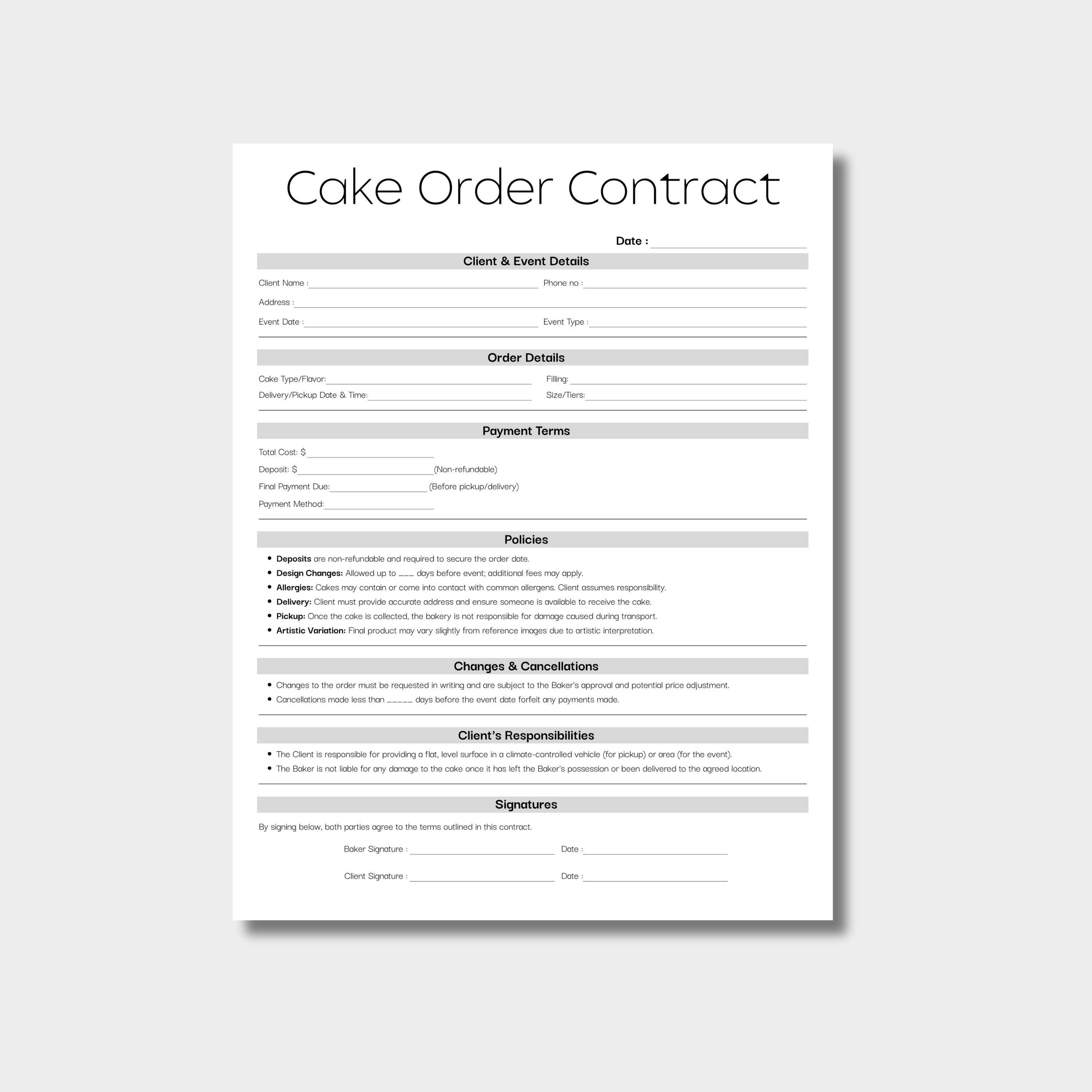Minimalist Cake Order Contract, Simple Birthday Cake Contract Template ...