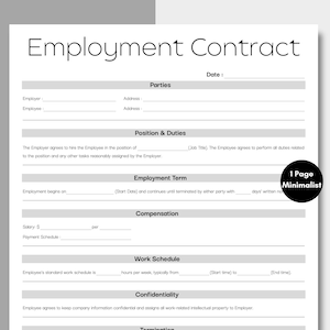 Minimalist Employment Agreement, Simple Job Agreement Form, Printable & Editable Employment Service Contract, HR Employer, Employee Form