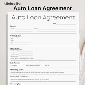 May include: A minimalist auto loan agreement form with sections for parties, vehicle details, loan terms, late payment, ownership, insurance, and governing law. The document is white with black text.