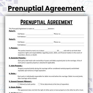 Editable Prenuptial Agreement, Simple Antenuptial Contract Form Template, Printable Financial Disclosure, Prenup Form, Instant Download
