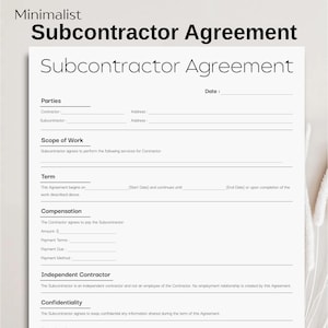 Minimalist Subcontractor Agreement Template, Simple Job Subcontractor, Editable General Contractor, Printable Subcontractor Contract Form