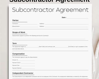 Minimalist Subcontractor Agreement Template, Simple Job Subcontractor, Editable General Contractor, Printable Subcontractor Contract Form