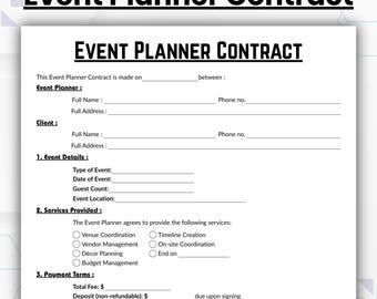 May include: A white event planner contract with black text. The document includes sections for event details, services provided, payment terms, and cancellation policy. The title "Event Planner Contract" is prominently displayed.