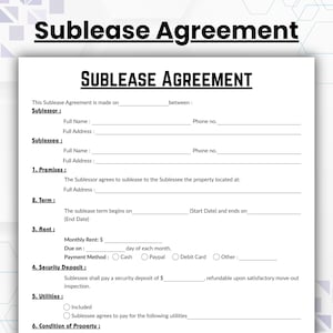 Könnte beinhalten: Ein weißes Untermietvertrag-Formular mit schwarzem Text. Das Dokument enthält Felder für den Untervermieter, den Untermieter, die Räumlichkeiten, die Laufzeit, die Miete, die Kaution, die Nebenkosten und den Zustand der Immobilie. Der Titel "Untermietvertrag" ist deutlich sichtbar.