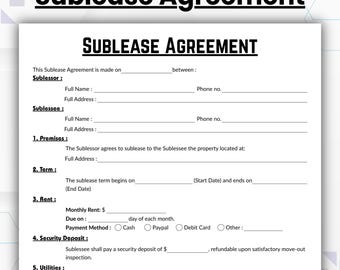 Editable Sublease Agreement Template, Single Page Commercial Sublet Contract Form, Printable Residential Sublease Agreement Instant Download