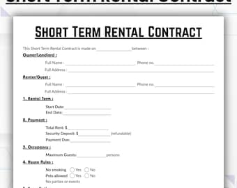 Editable Short Term Rental Contract Template, Single Page Airbnb Contract Form, Printable House Rental Services Agreement, Room Rental