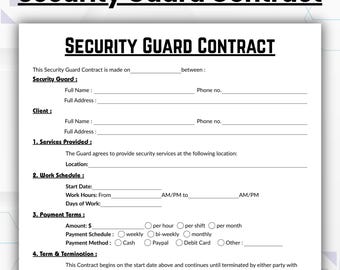 Editable Security Guard Contract, Simple Security Service Provider Agreement Form Template Canva, Printable Security Company Contract