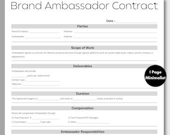 Minimalist Brand Ambassador Contract, Simple Influencer Collaboration Agreement Template, Printable & Editable Social Media Instant Download
