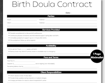 Contrato minimalista para doula de parto, contrato imprimible en negro para servicios de parto, plantilla de acuerdo de servicios de doula simple y editable (descarga instantánea)