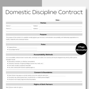 May include: A white document titled "Domestic Discipline Contract" with sections for parties, purpose, roles, accountability methods, consent, and boundaries. The document includes the text "1 Page Minimalist".