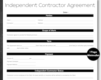 Contratto di lavoro autonomo minimalista, contratto aziendale semplice, modulo di contratto stampabile, download immediato in PDF, modificabile in Canva