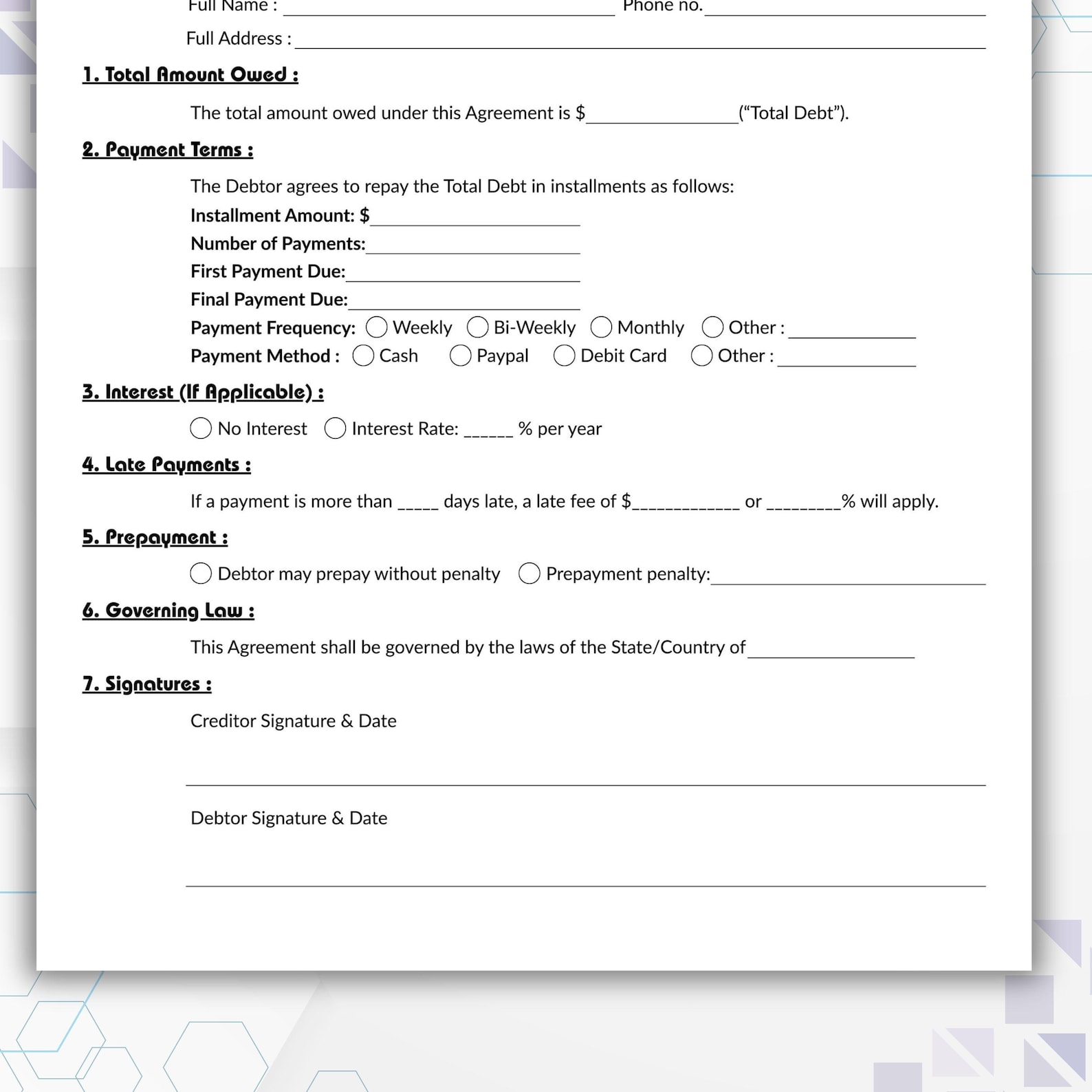 Editable Installment Payment Agreement Template, Single Page Loan ...