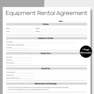 Minimalist Equipment Rental Agreement, Simple Event Equipment Contract, Printable & Editable Lease Equipment, Professional Form, Canva PDF