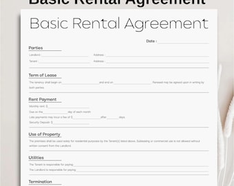 Plantilla minimalista de contrato de alquiler básico, formulario de contrato de arrendamiento simple y editable para propietarios, descarga digital instantánea imprimible