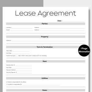 Minimalist Residential Lease Agreement, Simple Housing Contract Template, Printable & Editable Rental Agreement form, Lease Contract PDF