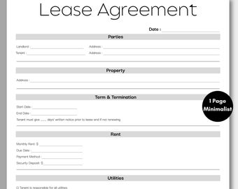 Minimalist Residential Lease Agreement, Simple Housing Contract Template, Printable & Editable Rental Agreement form, Lease Contract PDF