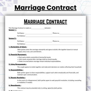 Editable Marriage Contract, Simple Relationship Agreement for Couples Form Template, Printable Marriage Agreement, Instant Download