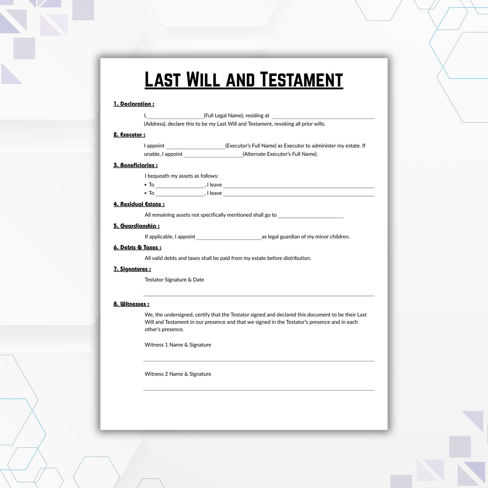 Editable Last Will and Testament Template, Single Page Testament Form ...