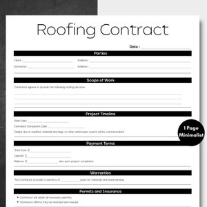 Minimalist Roofing Contract Black, Simple Roofer Contract, Editable Contractor Service Contract Form, Printable Roofing Work Agreement