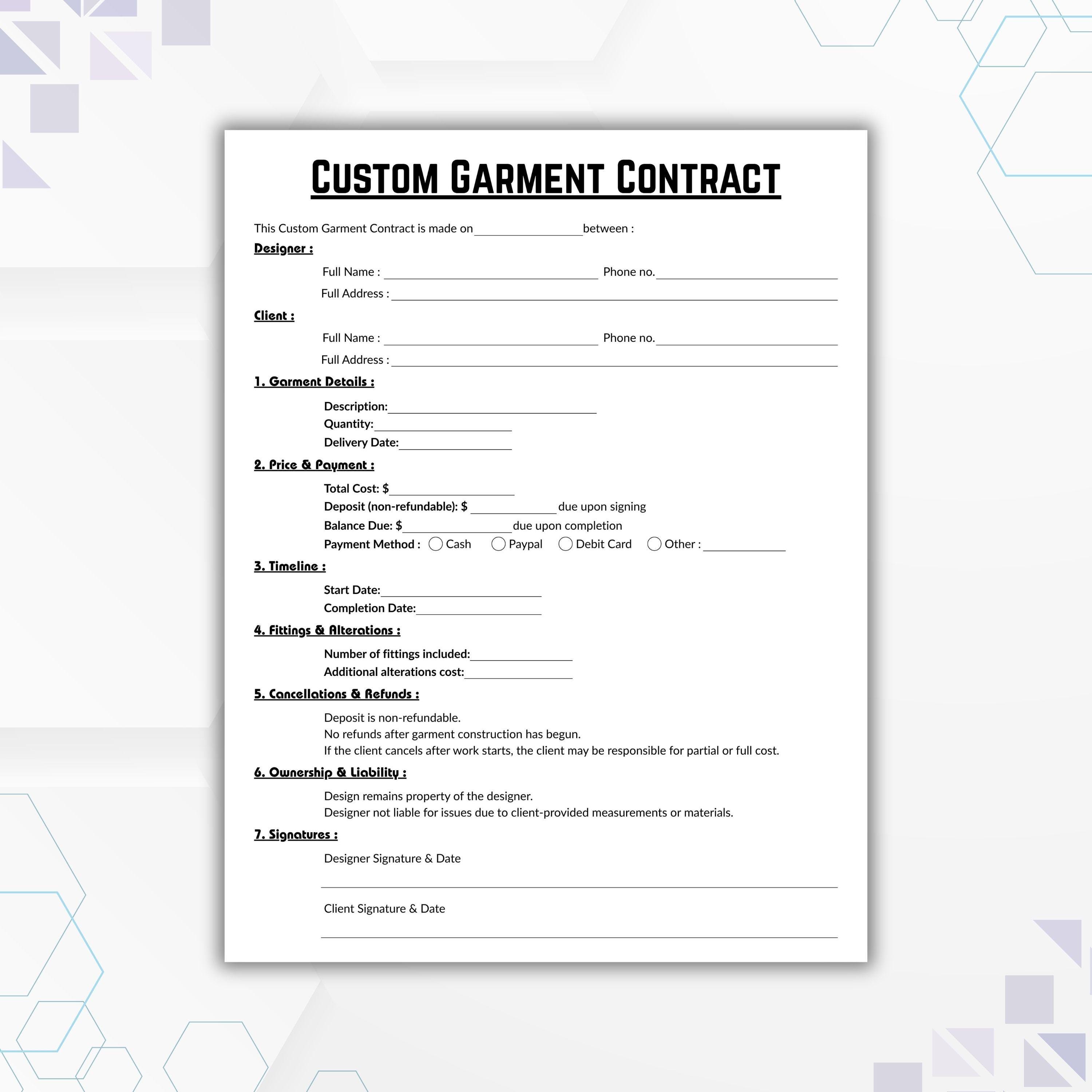 Pullover Contract Editable Custom Garment Contract Template, Single Page Tailor Clothing ...