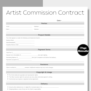 May include: A white Artist Commission Contract template with black text. The document includes sections for parties, project details, payment terms, revisions, copyright, usage, and delivery. A small black circle with the text "1 Page Minimalist" is in the lower right corner.